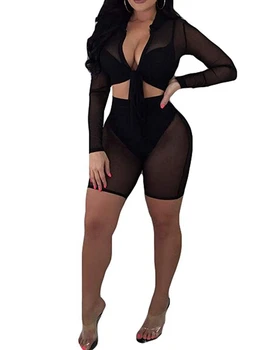 

women sheer see through swimwear bikini cover up mesh long sleeve top shorts beach suit sets