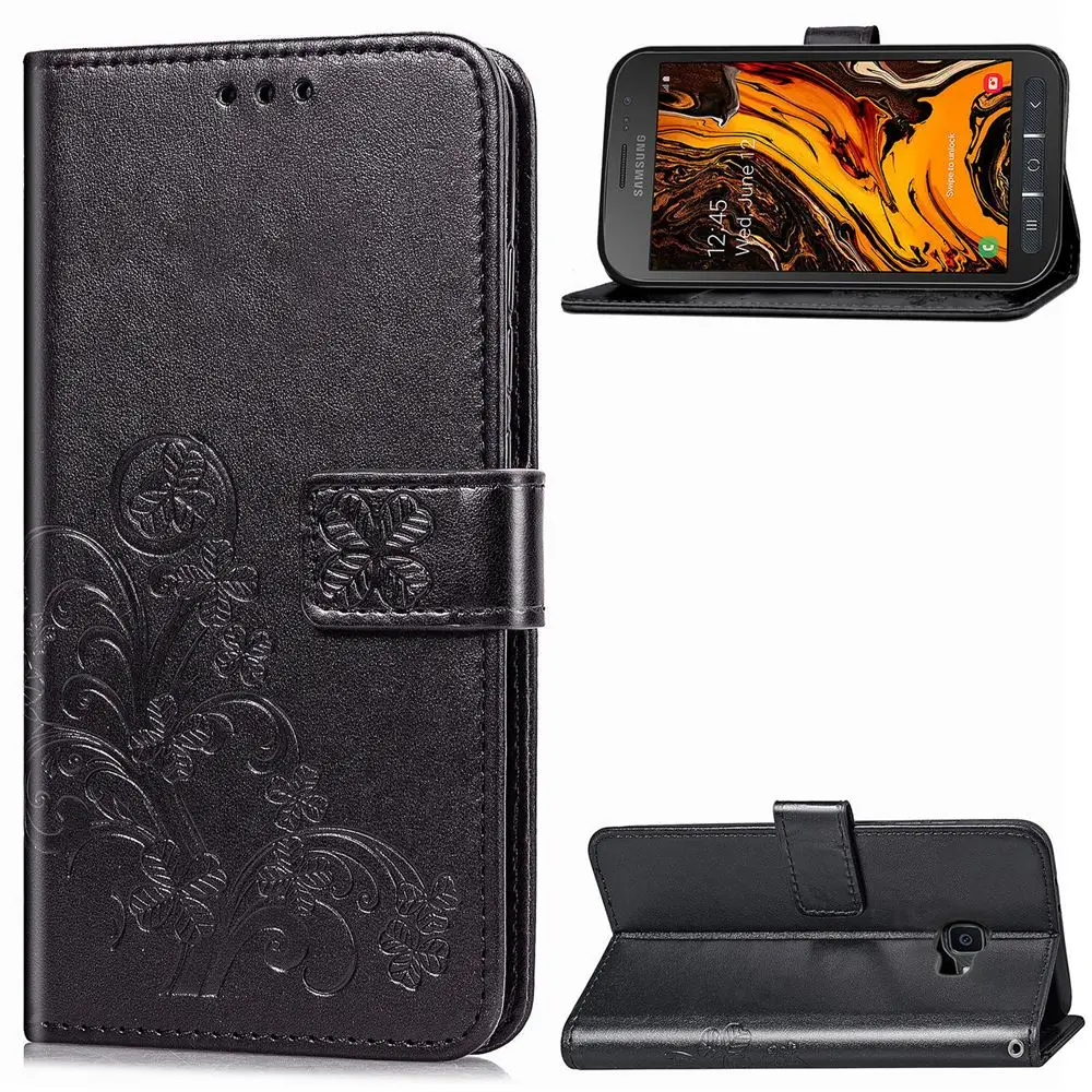 

For Samsung Galaxy Xcover 4 4s Case G390 Four-Leaf Clovers Leather Magnet Flip Stand Cover with Wallet Card Slots and Hand Strap
