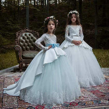 

Spring Flower Girl Line Bow Sash Dress Long Sleeve Trailing Festival Dress Christmas Communion Dresses