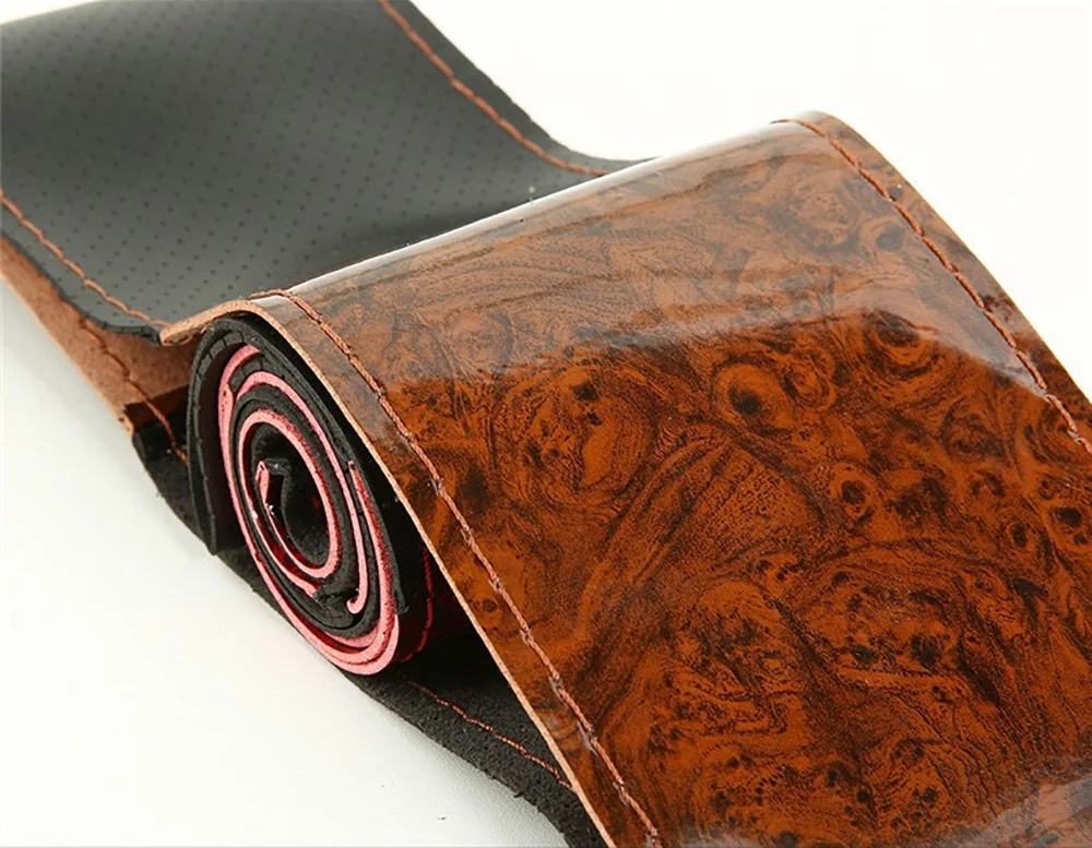 38cm Wooden Pattern Micfiber Leather Car Steering Wheel Cover Braiding Wheel Cover With Needle and Thread