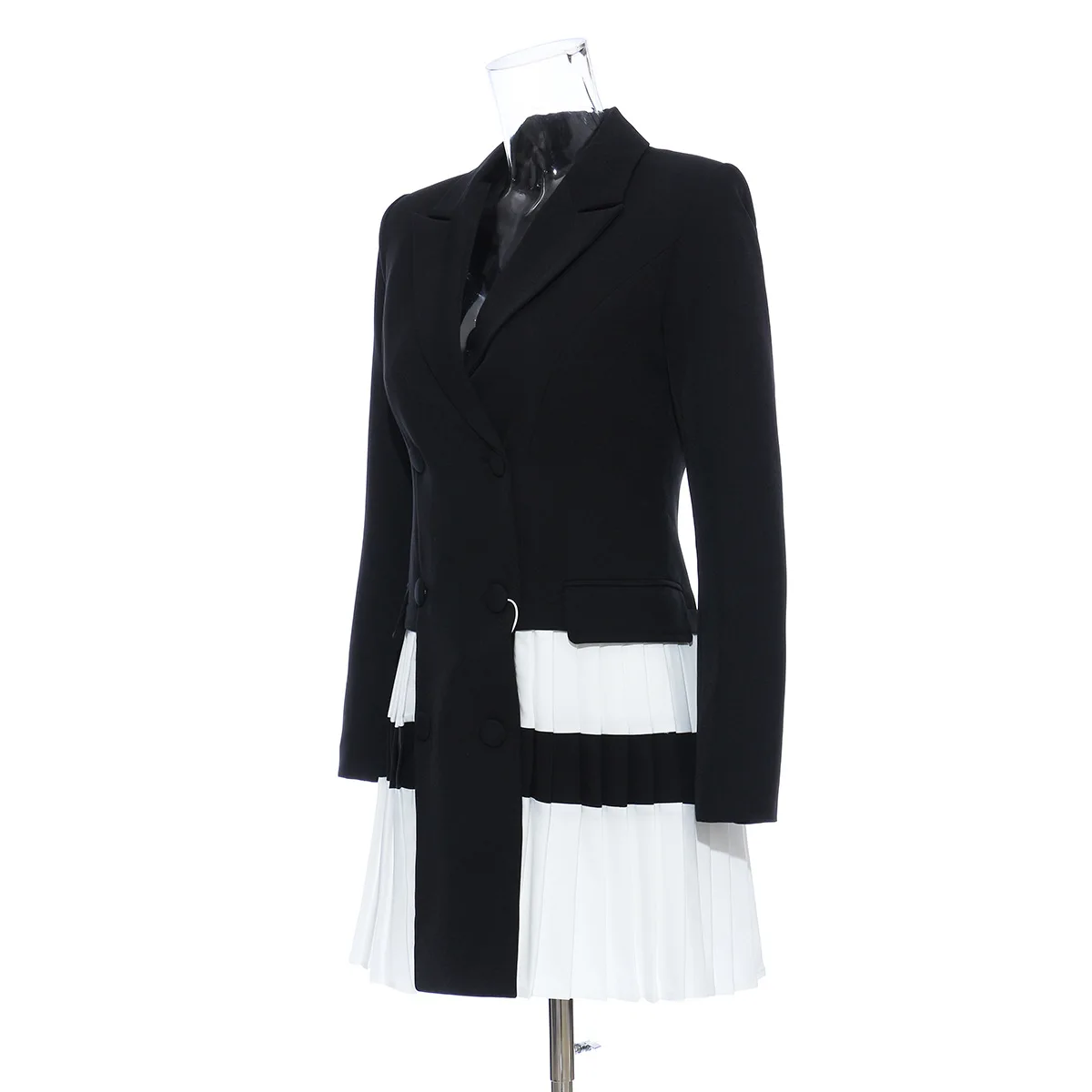 Romantic Heavy Work Blazer Pleated Stitching Black and White Contrast Hem Dress Blazer Women Female 2020 Mid-Length Long Sleeve