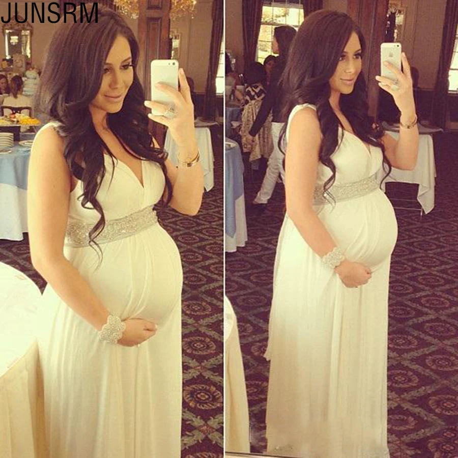 2019-maternity-wedding-dresses-pregnant-v-neck-sleeveless-beaded-empire-high-waist-chiffon-long-bridal-gowns-custom-size
