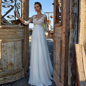 

Charming Summer Sweep Train Chiffon Bridal Gowns 2020 Scoop Neck Three Quarter Sleeve A Line Wedding Dress with Applique