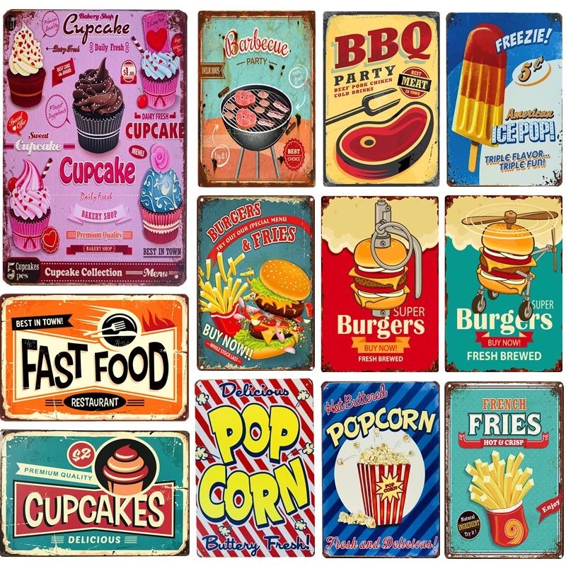 

Shabby Chic Vintage Metal Tin Signs BBQ Fast Food Hamburger Cupcake Pop Corn Hot Dog Wall Decor for Kitchen Cafe Diner Bar