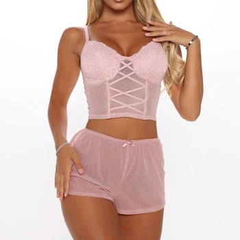 

Sleep Pajama Set Sexy Black Lace Sleepwear Women Fashion Padded Pyjama Femme See-Through Pink Pajamas for Women