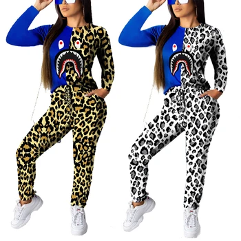 

2019 women's new autumn fashion shark mouth color matching leopard two-piece