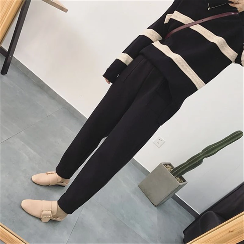 BGTEEVER Autumn Winter Thicken Pants Women Elastic Waist Pockets Woolen Female Pencil Pant Elegant Warm Trousers femme