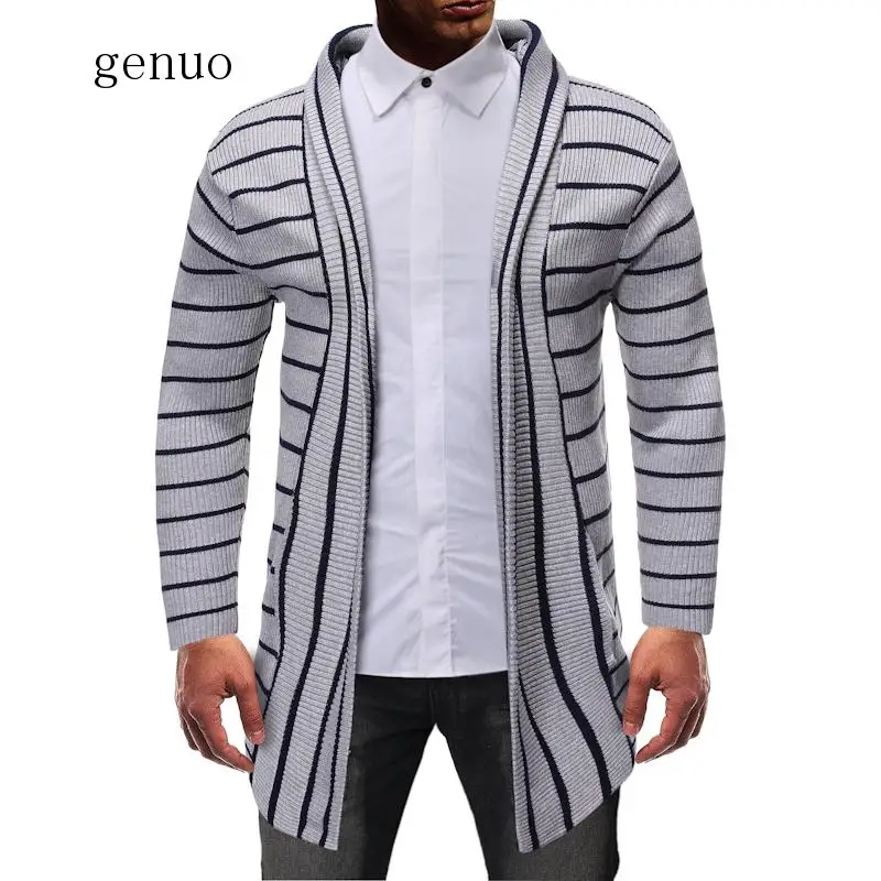 

Мужской плотный свитер с капюшоном, черный повседневный трикотажный кардиган в полоску, приталенный силуэт, с прострочкой, с капюшоном, зима 2020