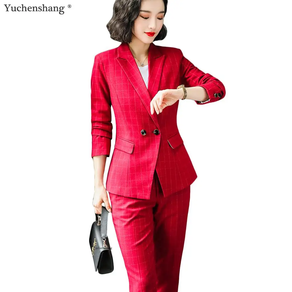 

new fashion 2 piece set women pant suits work wear office ladies long sleeve blazer and pant red yellow black apricot green