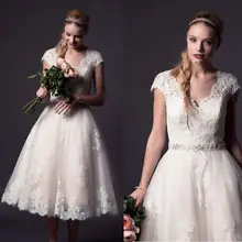 

Short Wedding Dress 2020 A-Line Tea-Length V-Neck Cap Sleeve Lace Beaded Bride Dress vestidos de novia Mini Wedding Party Gown