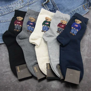 

4Colors Cartoon Bear 1Pair Cotton Christmas Gift Autumn Winter Mid Tube Socks Skateboard Socks Breathable Sock for Men