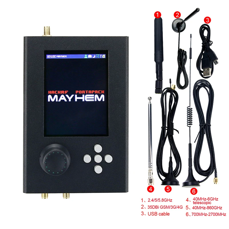 New HackRF One + Portapack H2 + Telescopic Antenna + Data Cable SDR 1MHz-6GHz Unassembled Black