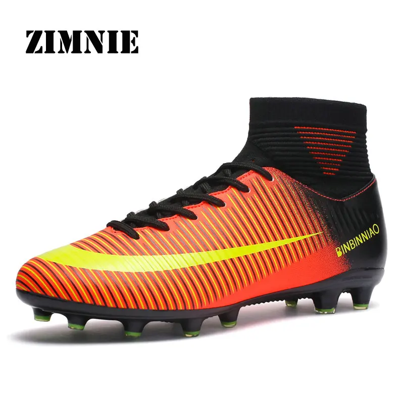 ZIMNIE Turf Black Men Soccer Shoes Kids Cleats Training Football Boots High Ankle Sport Sneakers Size 35-45 Dropshipping - Цвет: 02 Orange