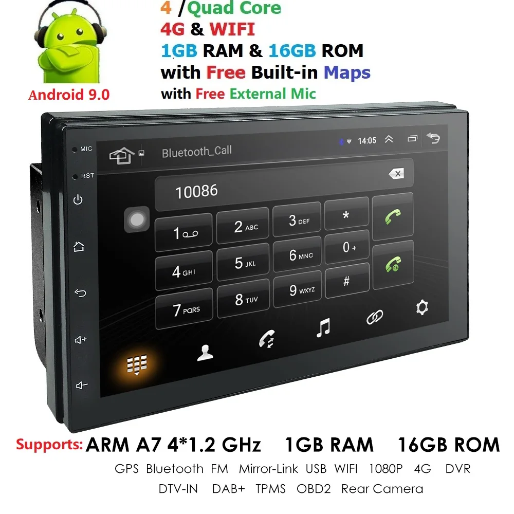 2 Din Android 9,0 автомобильный Радио Авто универсальный gps навигация 1024*600 Bluetooth wifi DAB DVR эквалайзер TPMS микрофон управление рулевым колесом