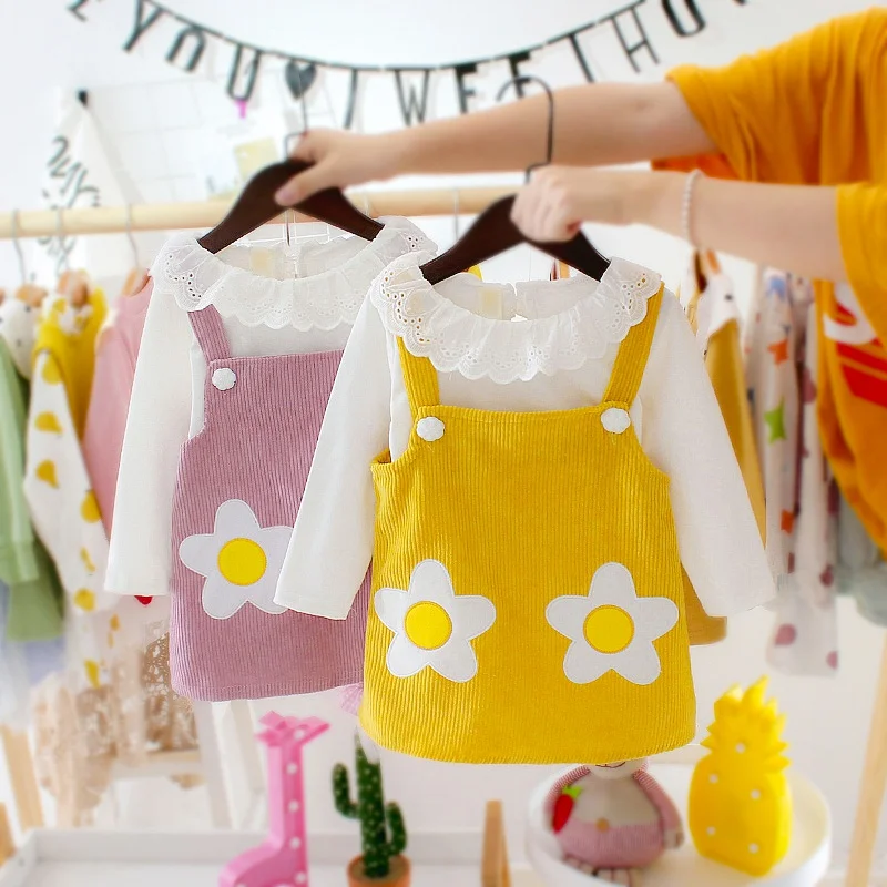 Детские весенне-осенние повседневные топы с длинными рукавами и воротником с оборками для девочек+ нагрудник с печатным рисунком