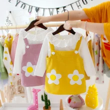 Детские весенне-осенние повседневные топы с длинными рукавами и воротником с оборками для девочек+ нагрудник с печатным рисунком