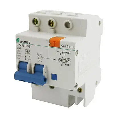 

AC 230V 32A 3KA 2-Pole Electric Leakage Overload Protector Circuit Breaker