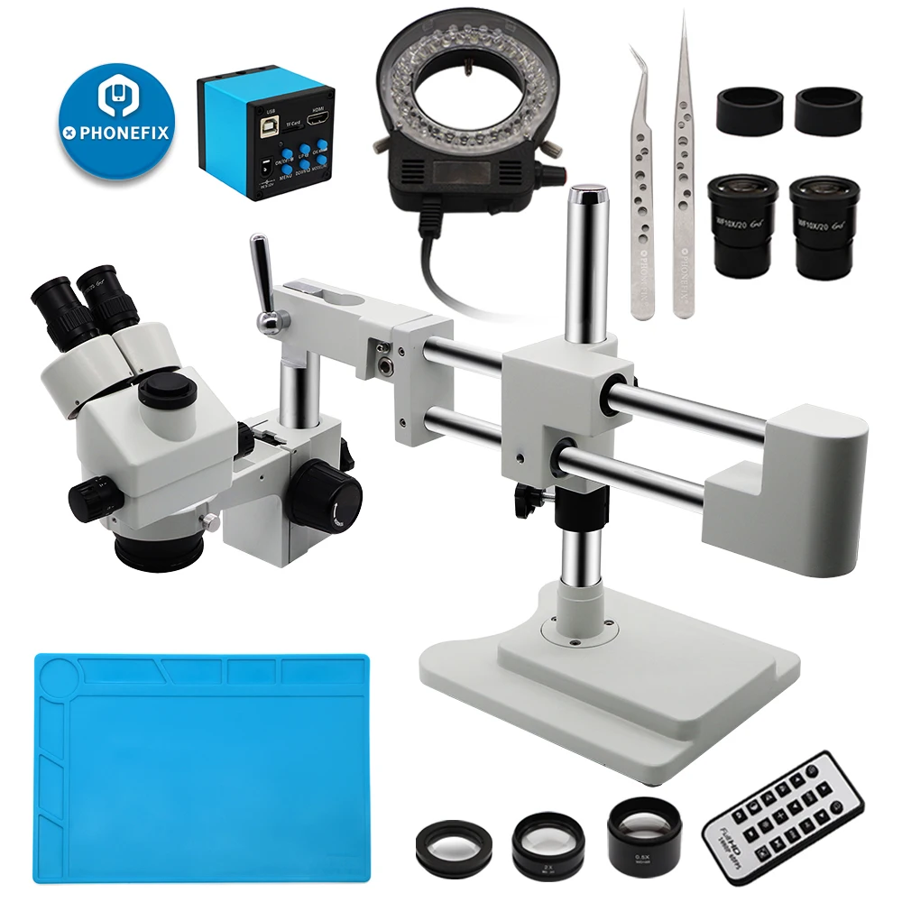  PHONEFIX 3.5~90X Simul-focal Trinocular Zoom Microscope on Double Arm Boom Stand with 14/16/21HDMI 