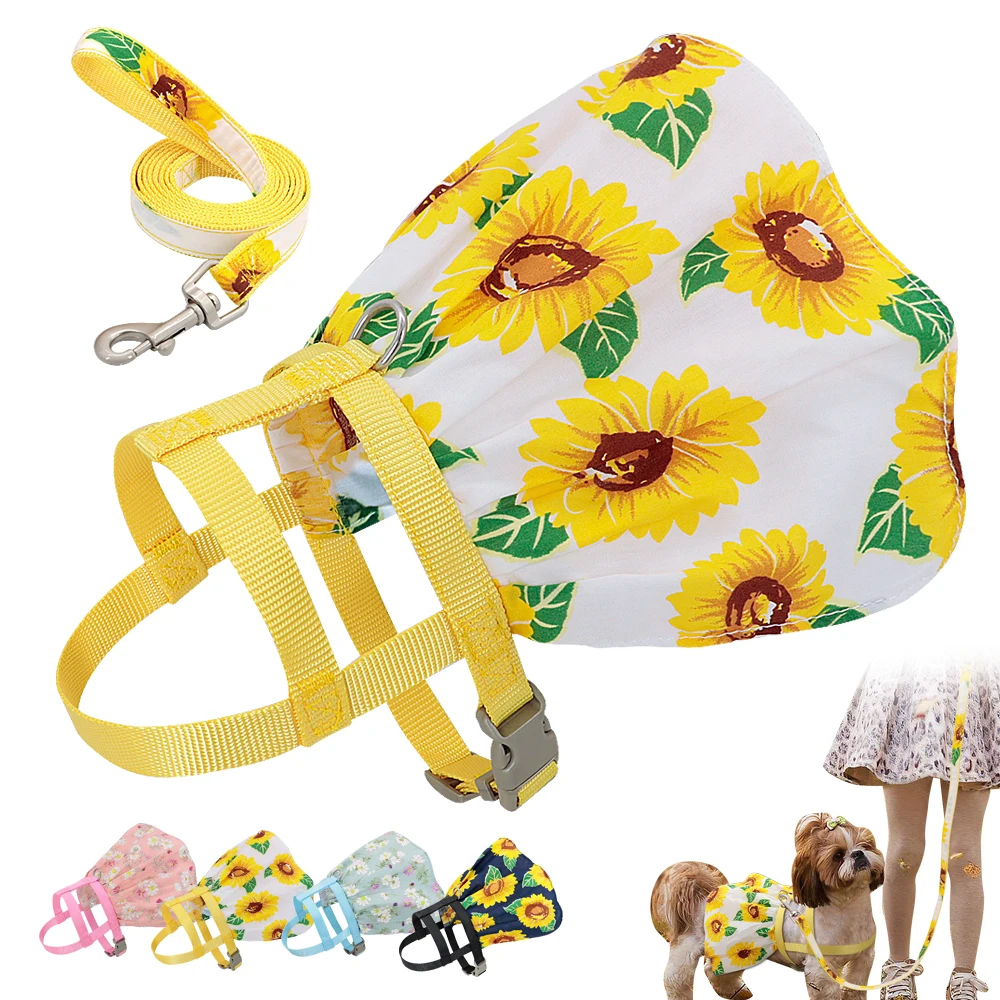Cute Small Dog Cat Harness Leash Floral Printed Pet Harness Vest Summer