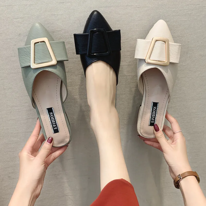 

Women's Slippers 2019 Luxury Slides Shoes Pointed Toe Med New Designer Soft Cover Rubber Hoof Heels Buckle Strap Autumn