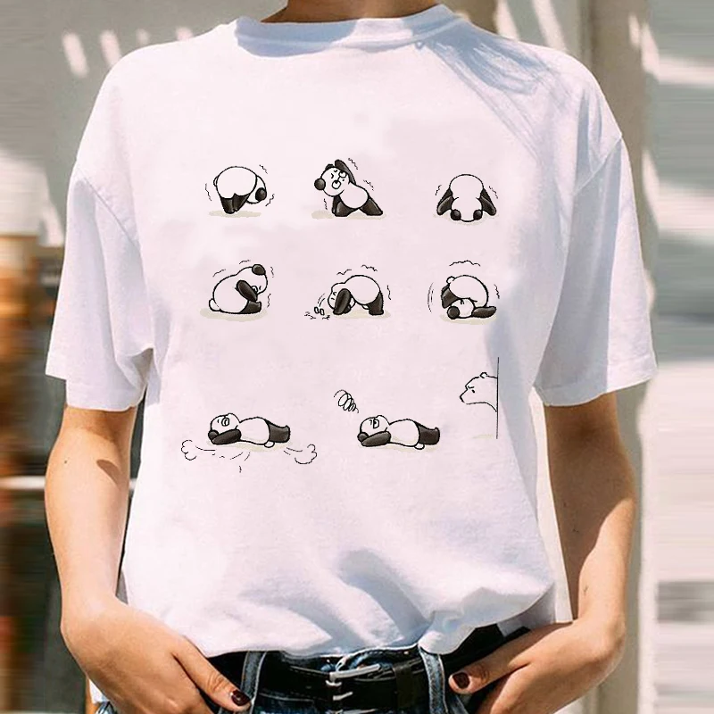 Love Valentine Panda Cartoon Animal Tops print ladies T-shirt casual basis O-collar white shirt short sleeve T-shirt,Drop Ship black and white striped shirt Tees