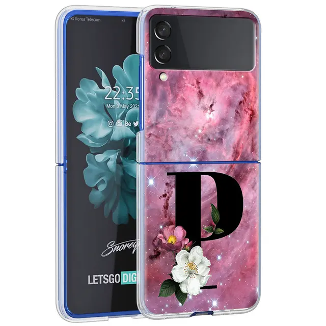Letter A B Flowers Pink Case For Samsung Galaxy Z Flip 3 5G Transparent Hard Cell Phone Cover ZFlip3 Clear PC Luxury Fundas H16