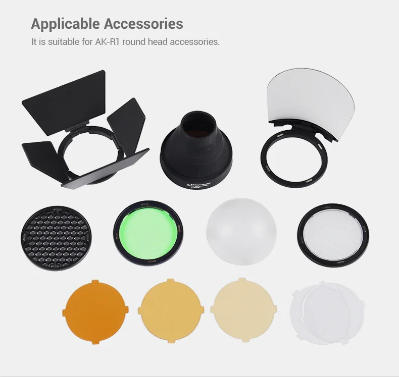 In-Stock-Godox-S-R1-with-AK-R1-Flash-Speedlight-Adapter-Barn-Door-Snoot-Color-Filter(5)