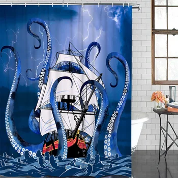 

Polyester Curtain Ocean Boat Octopus Lightning Bathroom Shower Curtains Bathroom Item Waterproof Shower Curtain &12 Hook