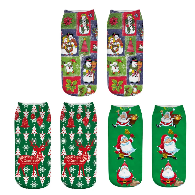 

New 1 Pair Cotton Santa Claus Socks 3D Printing Fashion Cartoon Christmas Socks Women Low Cut Ankle Snowman Pattern Socks