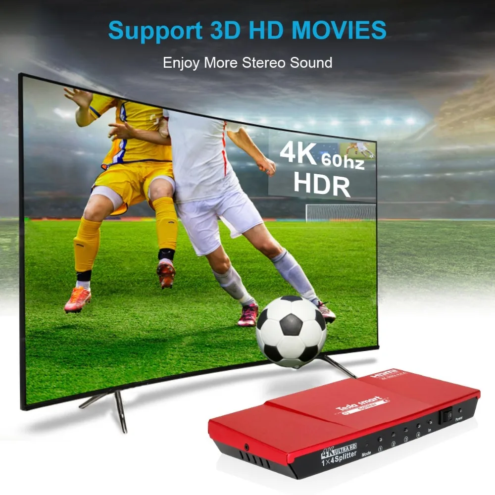 Тесла умный HDMI 4K @ 60Hz версия 4 K (3840*2160) при 60 Гц 3D 4 Порты и разъёмы HDMI Splitter 1x4 с Мощность адаптер HDMI2.0 HDTV DVD PS3 Xbox красный