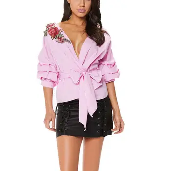 

Sexy Blouse Shirt Women Tops V neck Long Sleeve Bow White Blouses Fashion Slim Ladies Top Femme blusas mujer
