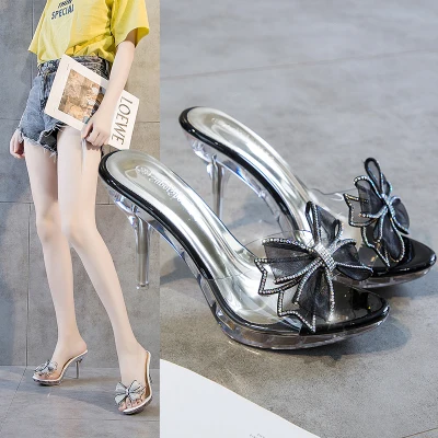 

Туфли женские прозрачные на высоком каблуке 9,5 см, ПВХ, с бантом и кристаллами