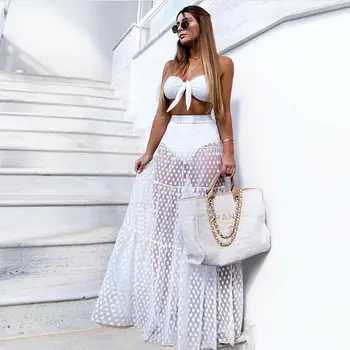 

Women Female Clothes Mesh Sheer Maxi Skirt Dot Print A line Summer Beach Skirt Tulle Transparent Fashion See Through Skirts