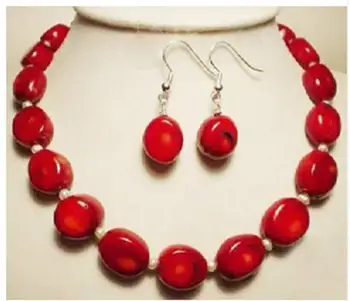

New natural red coral & fashion white pearl necklace earrings set 18 inch