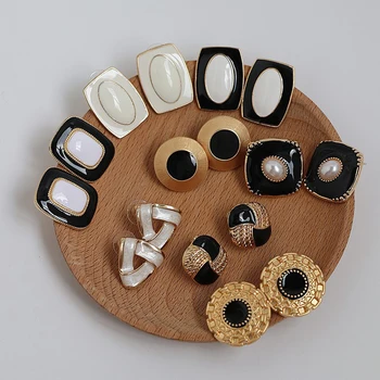 Peri'sBox 8 Designs Black White Enamel Earrings Square Round Triangle Geometric Earrings for Women French Vintage Stud Earrings