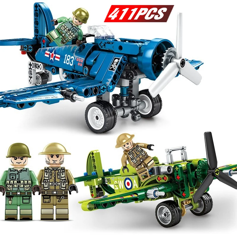 

411Pcs City Technology WW2 Propeller Fighter Legoingly US Military Army SWAT Police Gunship Model Building Blocks Toys