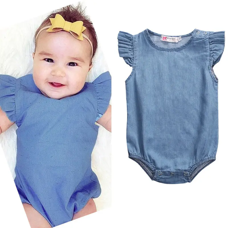 

Solid Ruffled sleeve Denim Bodysuit for Baby Girl