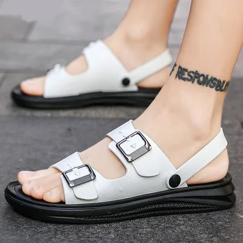 

White Leather Mules Cheap Men Strap Sandals Comfort Slip On Sandals Men's Double Buckle Slide Sandals Size11 Summer Beach Shoes