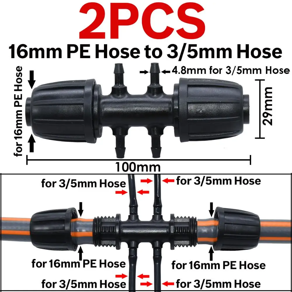 KESLA 2PCS 16mm 1/2'' PE Pipe Connector Splitter Tee Coupling Threaded Lock to 4/7mm 3/5mm Hose Garden Watering Drip Irrigation 