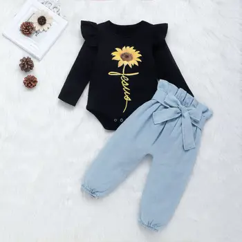

Brand Cute christmas clothes baby Long Sleeve Sunflower Tops+Bowknot Denim Pants Outfit Set Autumn Spring Suits