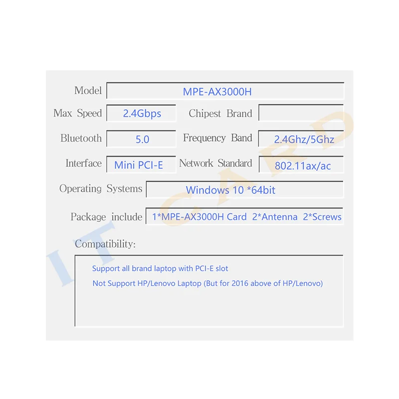 Двухдиапазонный Wi Fi 6 2 4 ГГц/Wi 5 ГГц MPE AX3000H кард 802.11ax/ac Гбит/с Bluetooth 0 Половина mini PCI E