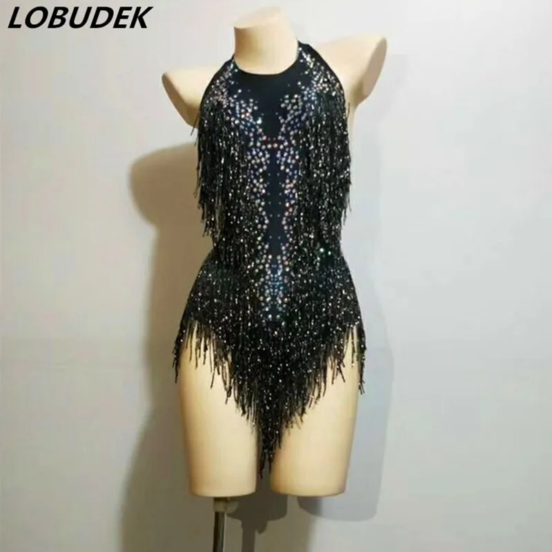 Женское боди с бахромой и стразами растягивающееся Боди без рукавов открытой