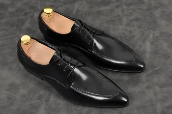 

fashion oxfords black Men red wine pointed toe lace up low heel formal shoes Genuine leather party office shoes