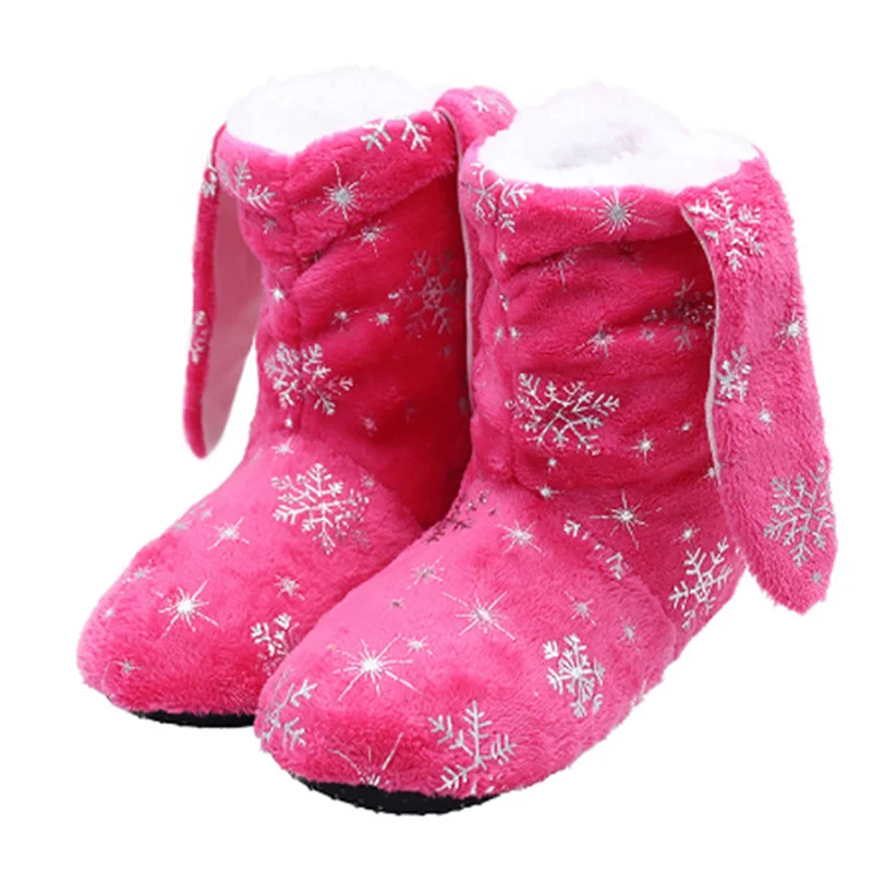 Домашние носки с кроличьими ушками; женские зимние теплые меховые тапочки со снежинками; женские мягкие домашние Нескользящие шлепанцы; модные - Цвет: Red