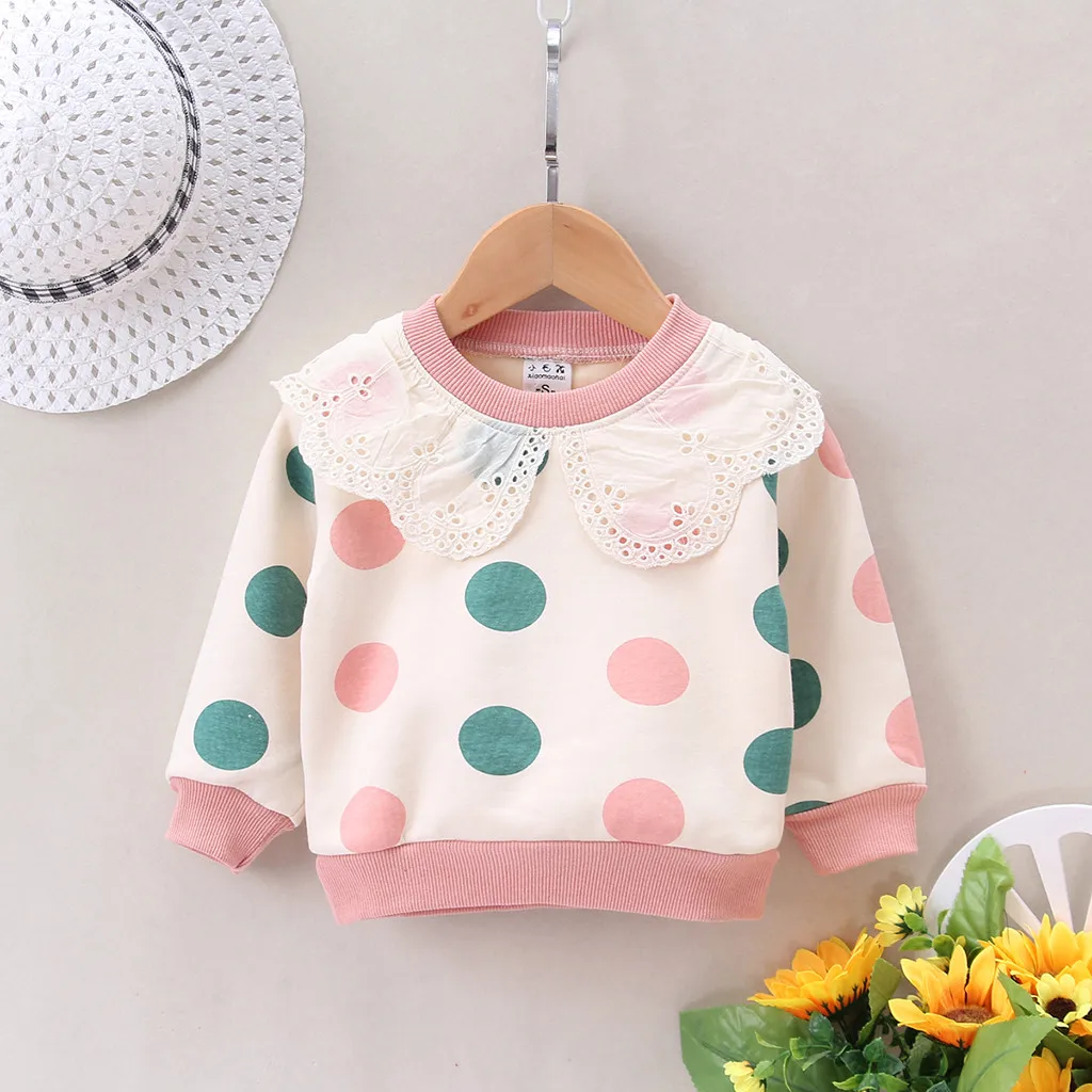 Toddler Baby Kids Girls Ruffles Dot Print Pullover Tops T-shirt Casual Clothes Children's Sweater Hoodie Autumn Winter