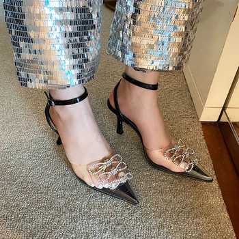 

Pointed Toe Women Sandals Rhinestone Bow Design High Quality PVC Transparent Shoes Ankle Buckle Strap Thin High Heels Sandals