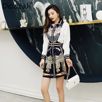 

Delocah Women Autumn Winter Dress Runway Fashion Designer Lantern Sleeve Vintage Printed Gorgeous Crystal Slim Ladys Short Dress