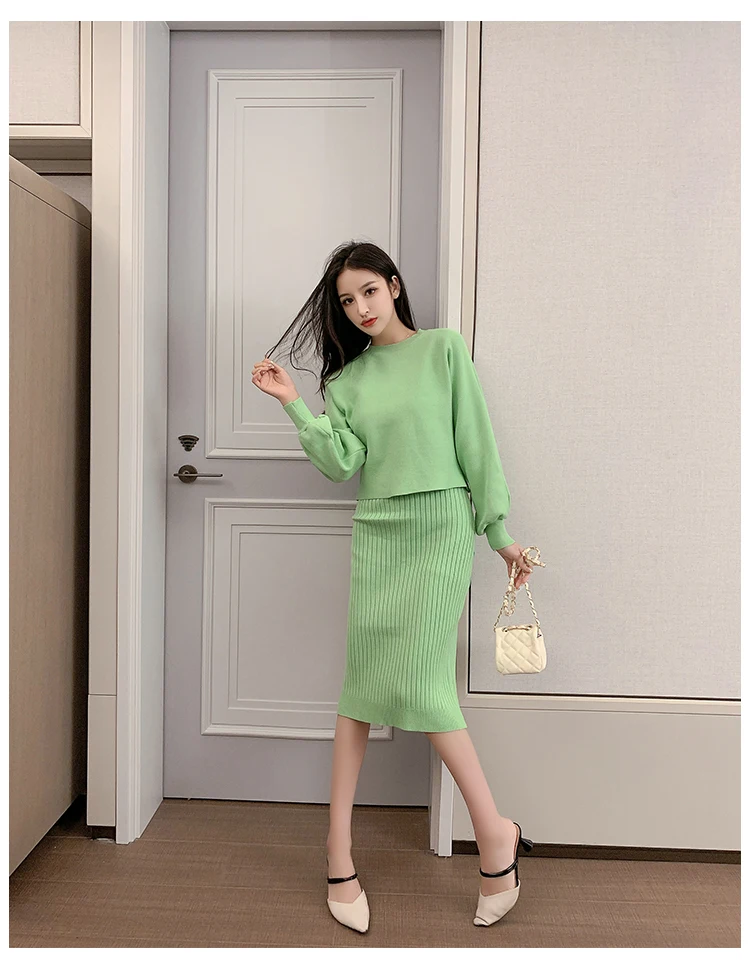 REALEFT осенне-зимняя Корейская трикотажная одежда Комплекты из 2 предметов трикотажные пуловеры с длинными рукавами и Трикотажный жилет, костюмы с платьем