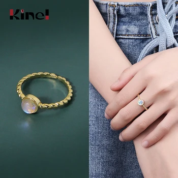 

Kinel 925 Sterling Silver Round Moonstone Ring Jewelry Bague Femme 18K Gold Wedding Rings for Women Drop Shipping