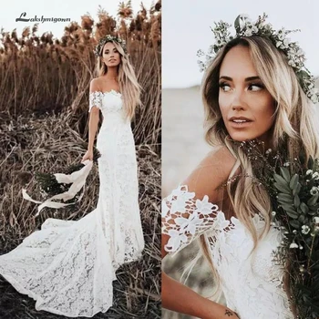 

Lakshmigown Boho Lace Wedding Dresses 2019 Country Style Off Shoulder Bridal Dress Short Sleeves Beach Mermaid Wedding Gowns
